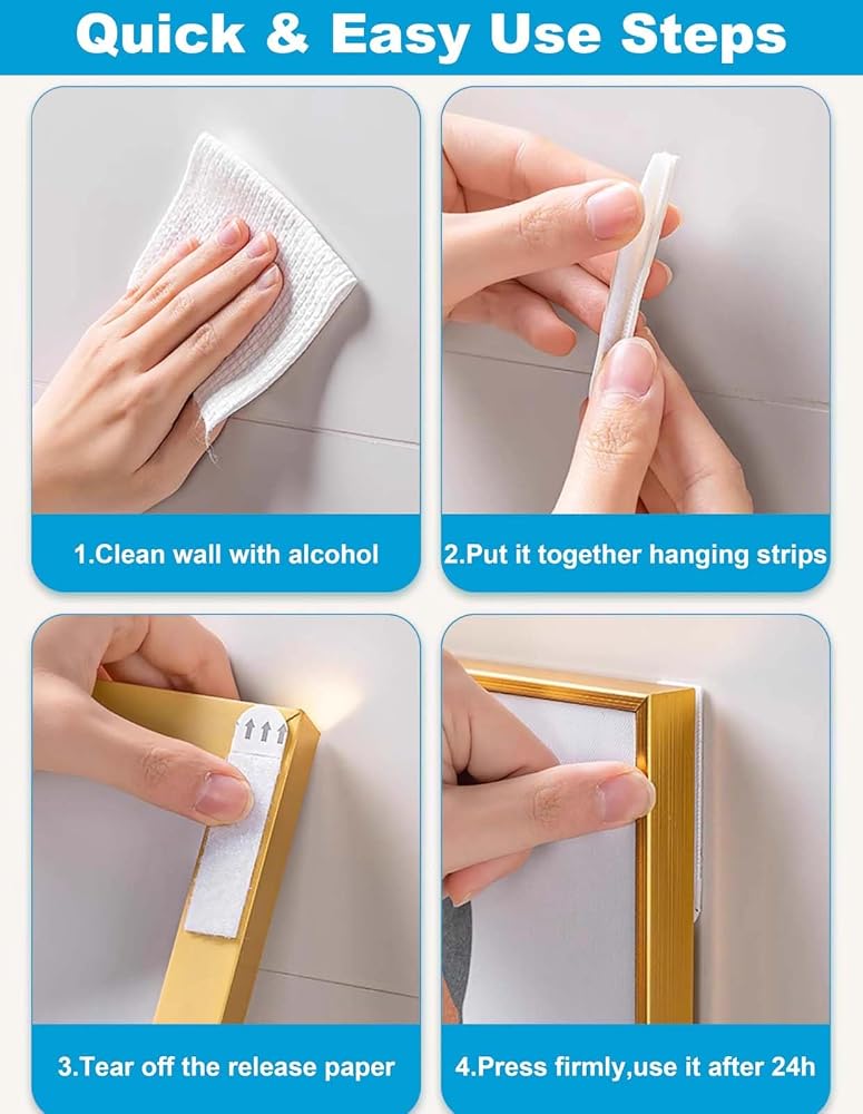 ALMEKAQUZ 36 Pairs White Picture Hanging Strips, Damage Free Wall Mounting Adhesive Tape, Removable Sticky Frame Hangers, No Nails Fasteners for Home Decor, 92mm x 19mm Size - Image 5