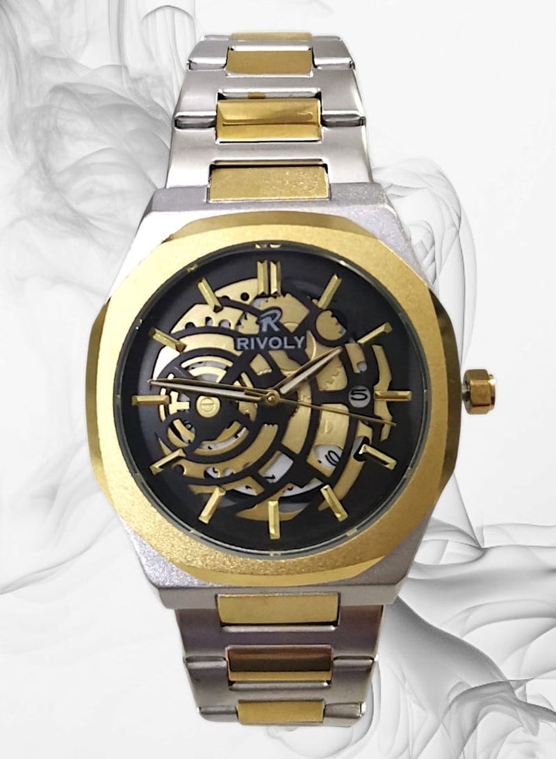 ريفولي ساعة يد للرجال من الستانلس ستيل بعرض انالوج وحركة كوارتز وعرض التاريخ، سهلة القراءة بتصميم عصري مقاوم للماء، ساعة يد كلاسيكية فاخرة بواجهة كبيرة - Image 1