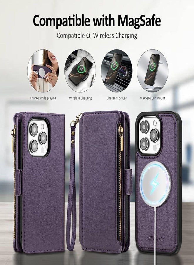 Antsturdy Compatible with Magsafe Magnetic 2 in 1 Detachable iPhone 15 Pro Wallet Case with Credit Card Holder Slots,PU Leather RFID Blocking Phone Cover Wrist Strap Zipper Women Men,Purple - Image 4