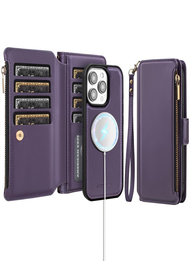 Antsturdy Compatible with Magsafe Magnetic 2 in 1 Detachable iPhone 15 Pro Wallet Case with Credit Card Holder Slots,PU Leather RFID Blocking Phone Cover Wrist Strap Zipper Women Men,Purple - Image 1