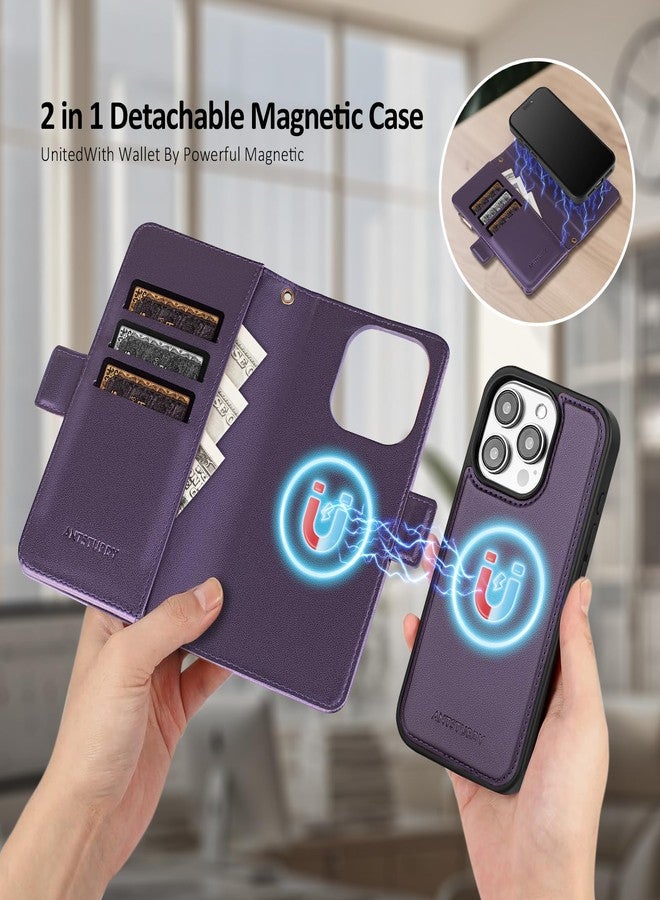 Antsturdy Compatible with Magsafe Magnetic 2 in 1 Detachable iPhone 15 Pro Wallet Case with Credit Card Holder Slots,PU Leather RFID Blocking Phone Cover Wrist Strap Zipper Women Men,Purple - Image 3