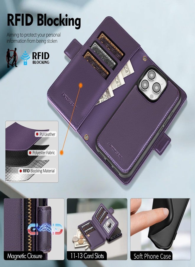 Antsturdy Compatible with Magsafe Magnetic 2 in 1 Detachable iPhone 15 Pro Wallet Case with Credit Card Holder Slots,PU Leather RFID Blocking Phone Cover Wrist Strap Zipper Women Men,Purple - Image 5