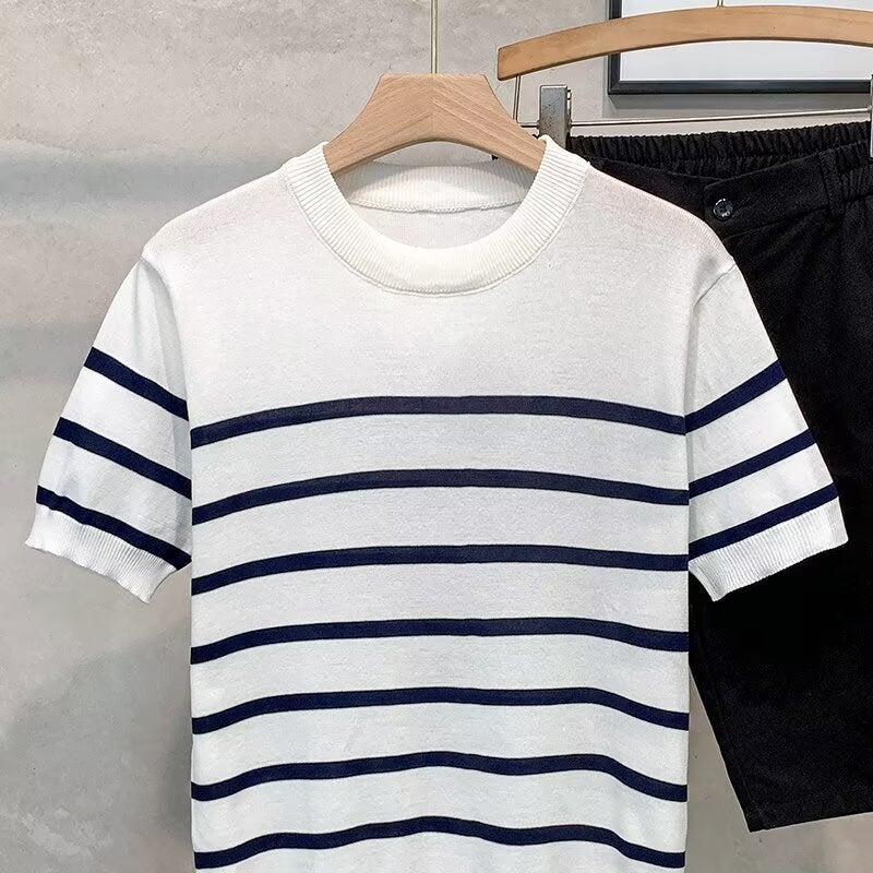 Knitted Short-Sleeve T-Shirt For Men, Trendy Brand, Summer Loose Fit, Quarter Sleeves, Style, Internet Celebrity Trend, Simple Top - Image 5