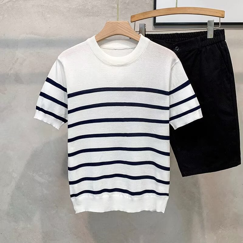 Knitted Short-Sleeve T-Shirt For Men, Trendy Brand, Summer Loose Fit, Quarter Sleeves, Style, Internet Celebrity Trend, Simple Top - Image 3