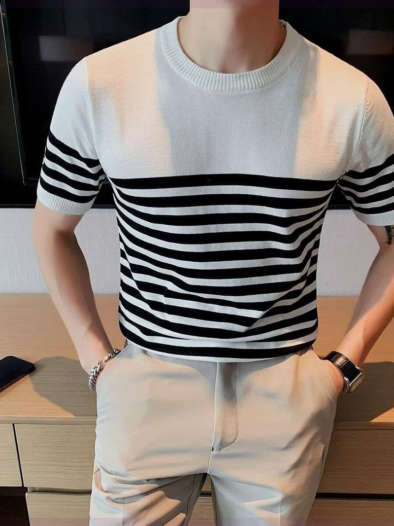 Knitted Short-Sleeve T-Shirt For Men, Trendy Brand, Summer Loose Fit, Quarter Sleeves, Style, Internet Celebrity Trend, Simple Top - Image 1
