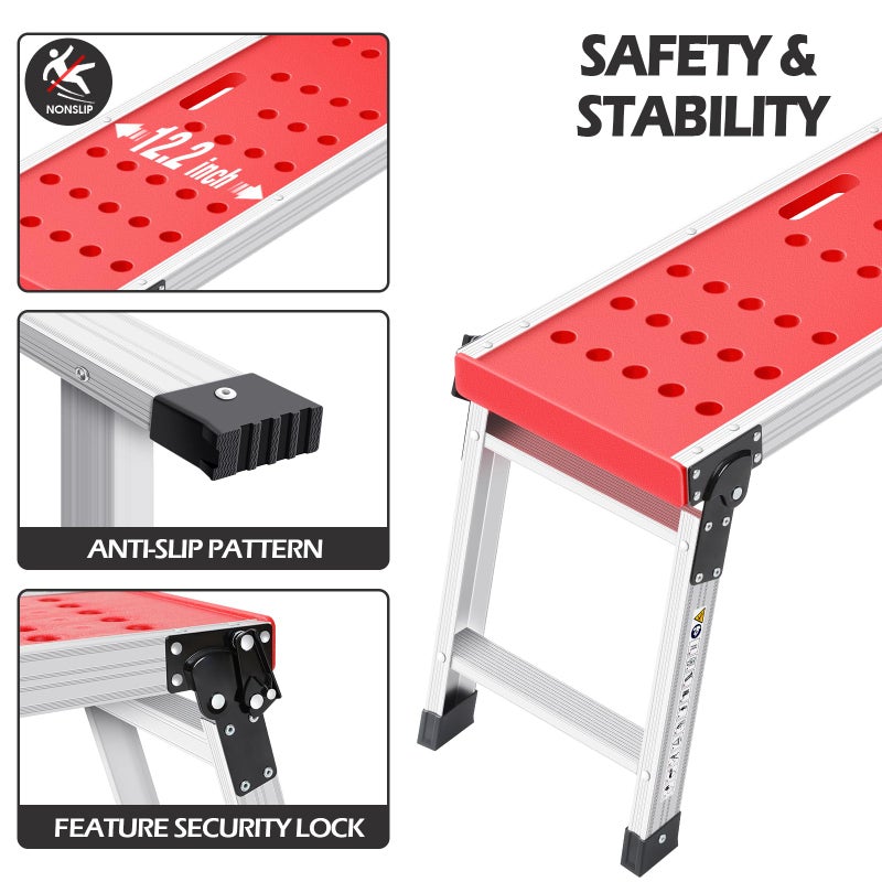 KINGRACK Folding Work Platform, Adjustable Step Ladder with Anti-Slip Feet Cover, Lightweight Stepladder with Safety Lock for Home, Office, Workshop and Garage, Maximum Load 330lbs - Image 2