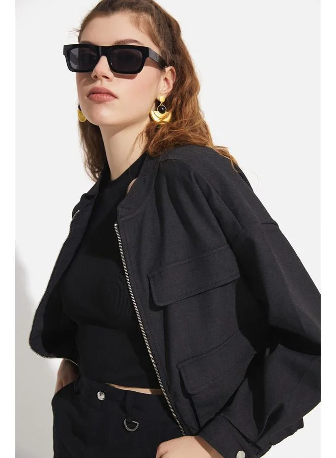 جون June Pocket Detailed Bomber Jacket Anthracite