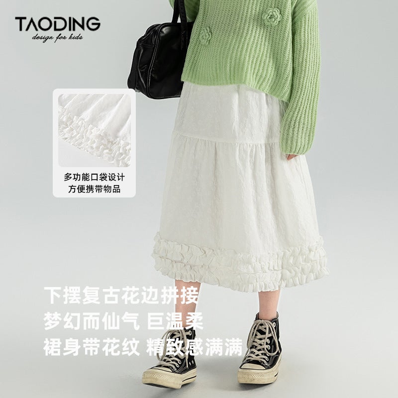 Taoding Girls' Skirt New Style Medium And Large Girls Casual Lady A-Line Retro Lace Patchwork Skirt - Image 1