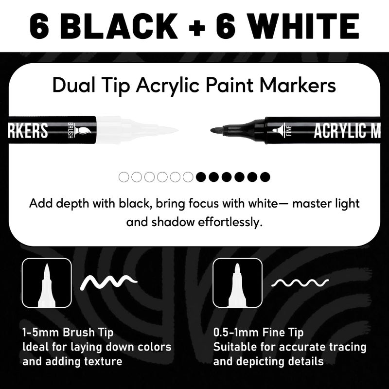 Pagather Black and White Acrylic Paint Markers, 12 Pack Dual Tip with Fine Tip and Brush Tip Pens for Stone, Wood, Calligraphy, Canvas, Ceramic, Metal, Glass, Rock Painting, DIY Crafts - Image 2