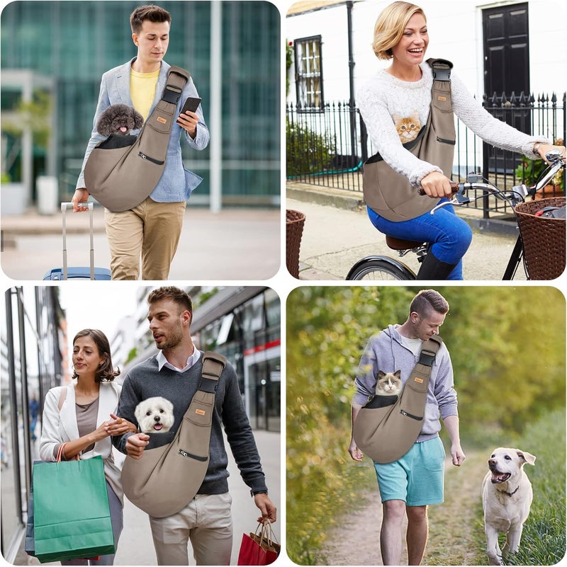 CUBY Dog and Cat Sling Carrier - Small Dog Carrier Sling with Adjust Strap & Zip Pocket, Hands Free Soft Dog Slings for Small Dogs Cats Puppy Pets (Khaki Senior, Adjust Strap 2.0) - Image 5