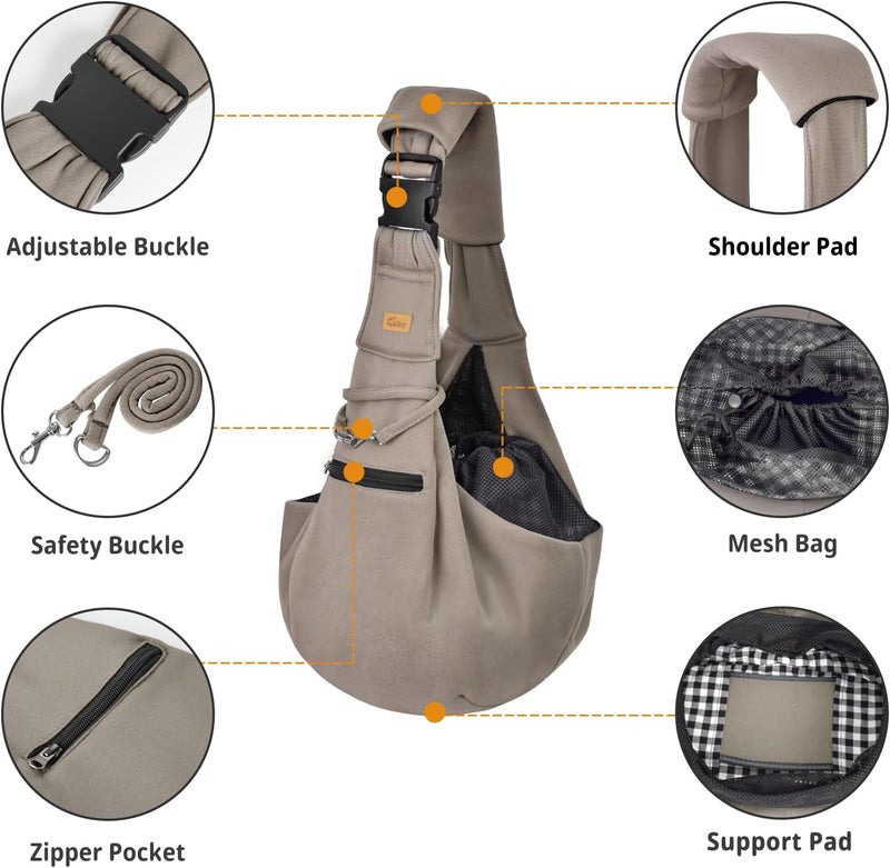 CUBY Dog and Cat Sling Carrier - Small Dog Carrier Sling with Adjust Strap & Zip Pocket, Hands Free Soft Dog Slings for Small Dogs Cats Puppy Pets (Khaki Senior, Adjust Strap 2.0) - Image 4