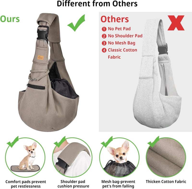 CUBY Dog and Cat Sling Carrier - Small Dog Carrier Sling with Adjust Strap & Zip Pocket, Hands Free Soft Dog Slings for Small Dogs Cats Puppy Pets (Khaki Senior, Adjust Strap 2.0) - Image 2
