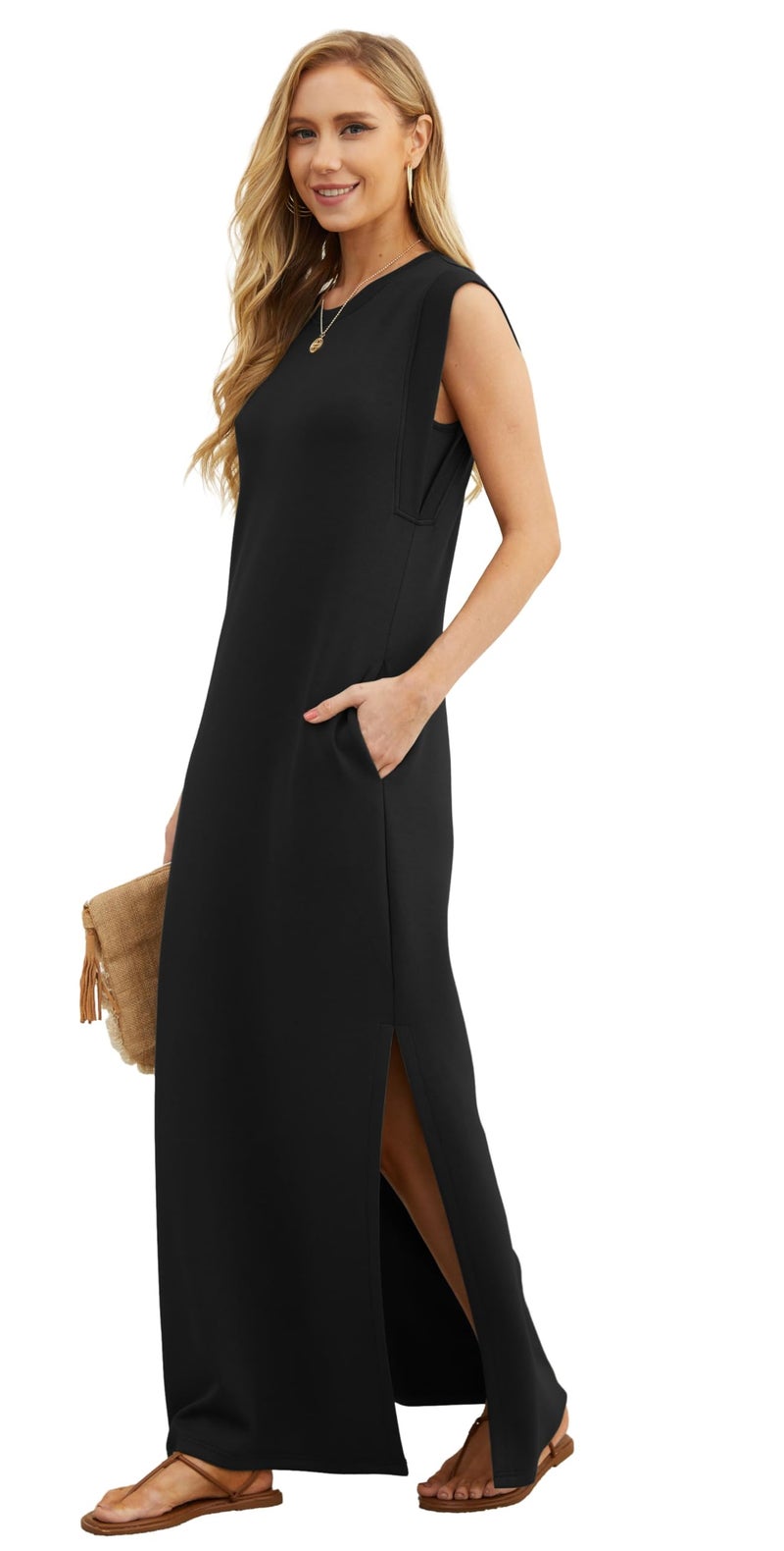 GRECERELLE Women's Summer Crew Neck Casual Loose Split Long Maxi Dress with Pockets (X-Large, Black) - Image 2