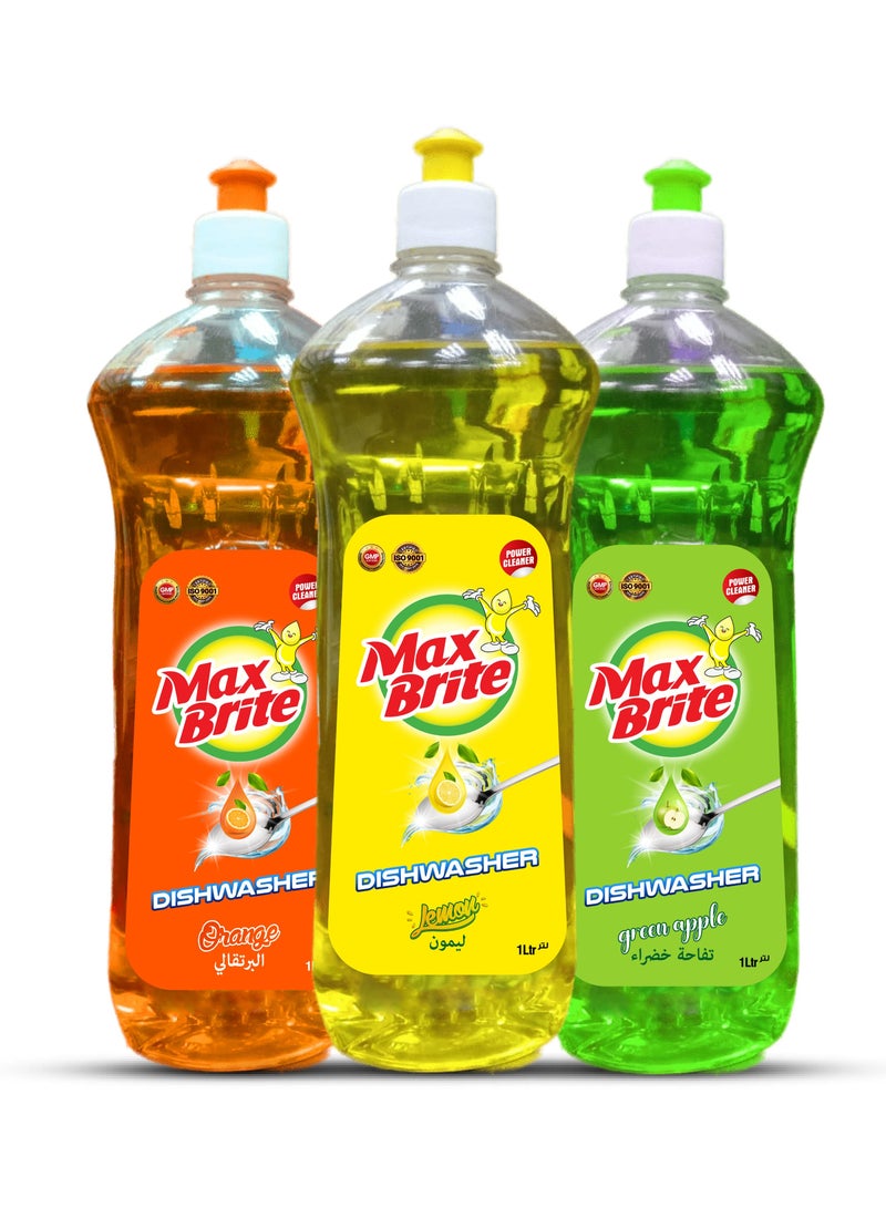 Max Brite Dishwashing Liquid Tough on Stains Gentle on Hands Orange Green Apple Lemon Fragrance 1L Pack of 3 - Image 1