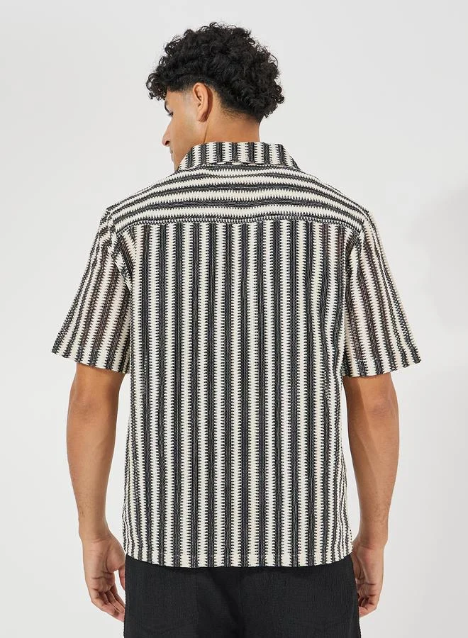 Styli Jacquard Stripe Pattern Resort Collar Relaxed Shirt