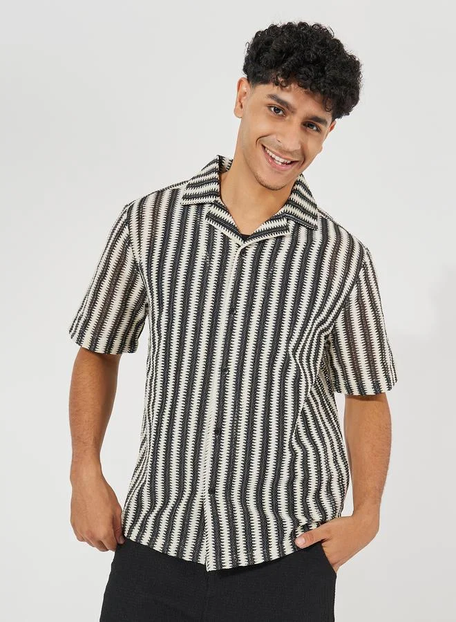 Styli Jacquard Stripe Pattern Resort Collar Relaxed Shirt