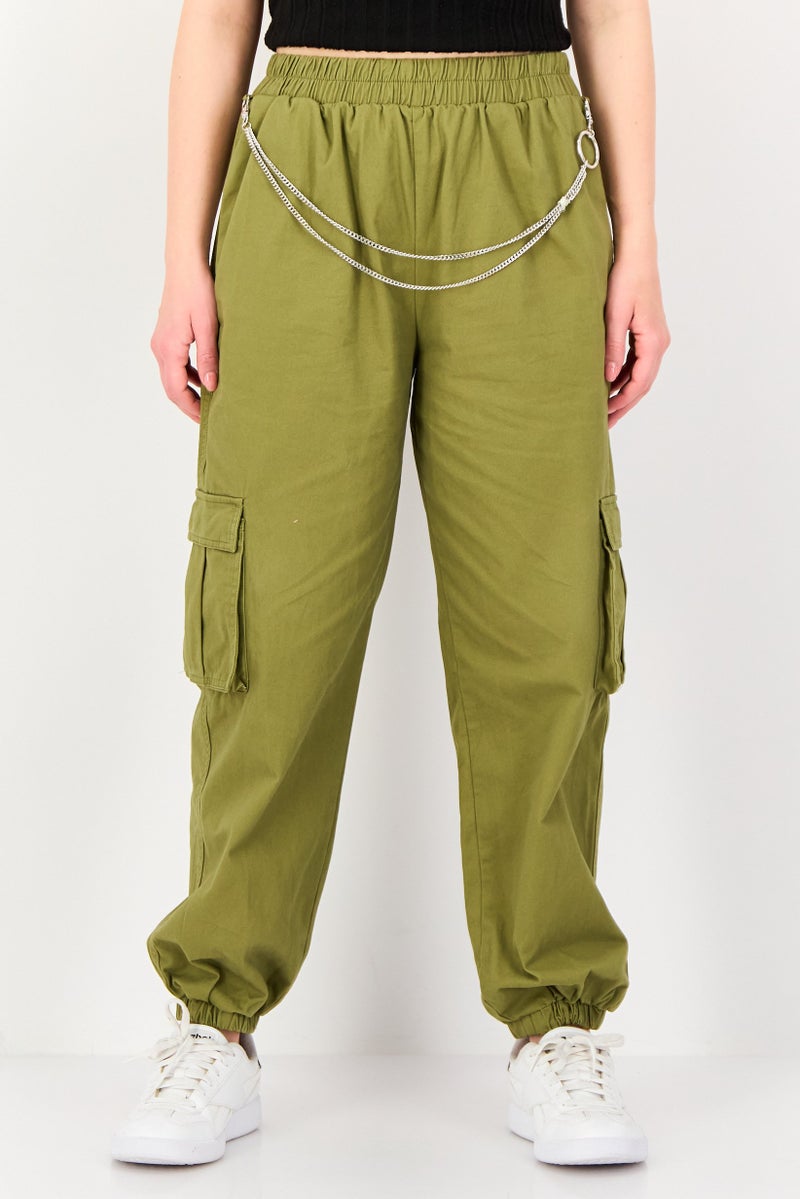 FOREVER 21 Women Regular Fit Solid Cargo Pants, Olive - Image 1