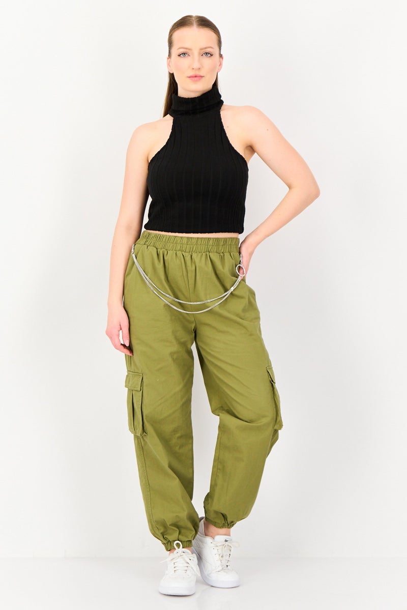 FOREVER 21 Women Regular Fit Solid Cargo Pants, Olive - Image 2