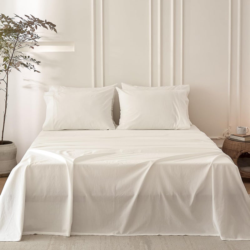BDEAR 6PS Off White Queen Size Bedding Sets Linen Like Cotton Bed Set OekoTEX Standard 100 Washed Cotton Deep Pocket Queen Size Fitted Sheet Plus Cozy Flat Sheet and 4 Pillowcases