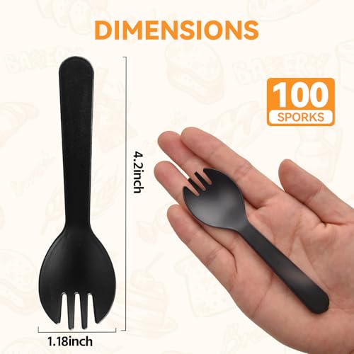 Cofimkate 100Pcs Mini Plastic Spork, 4.2 Inch Individually Wrapped Disposable Cutlery, Small Black Fork Spoon Combo for Desserts, Ice Cream, Cakes, Appetizer, To-Go & Party Use - Image 2