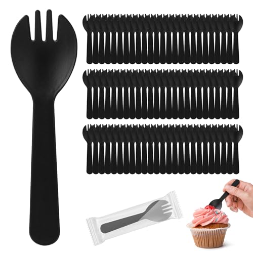 Cofimkate 100Pcs Mini Plastic Spork, 4.2 Inch Individually Wrapped Disposable Cutlery, Small Black Fork Spoon Combo for Desserts, Ice Cream, Cakes, Appetizer, To-Go & Party Use - Image 1