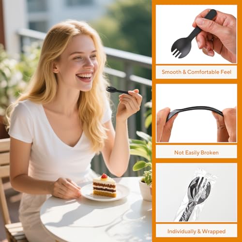 Cofimkate 100Pcs Mini Plastic Spork, 4.2 Inch Individually Wrapped Disposable Cutlery, Small Black Fork Spoon Combo for Desserts, Ice Cream, Cakes, Appetizer, To-Go & Party Use - Image 3