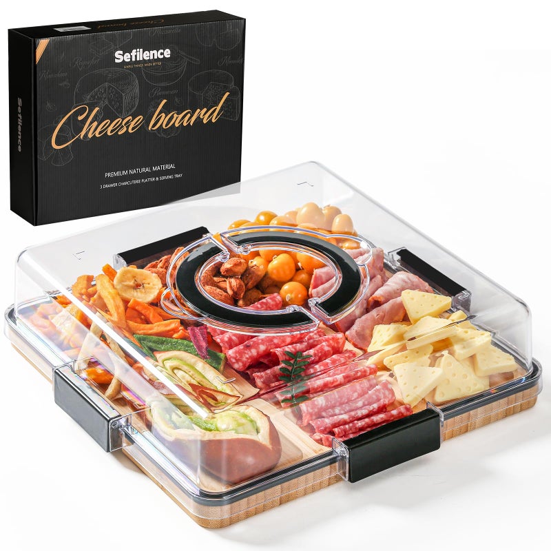 SEFILENCE Charcuterie Board with Clear Locking Lid and Handle, 6 Compartment Bamboo Cheese Board Snackle Box, Portable Cutting Board for Snacks, Fruits&Meats, Ideal Gift for Parties, Birthday& House Warming - Image 1