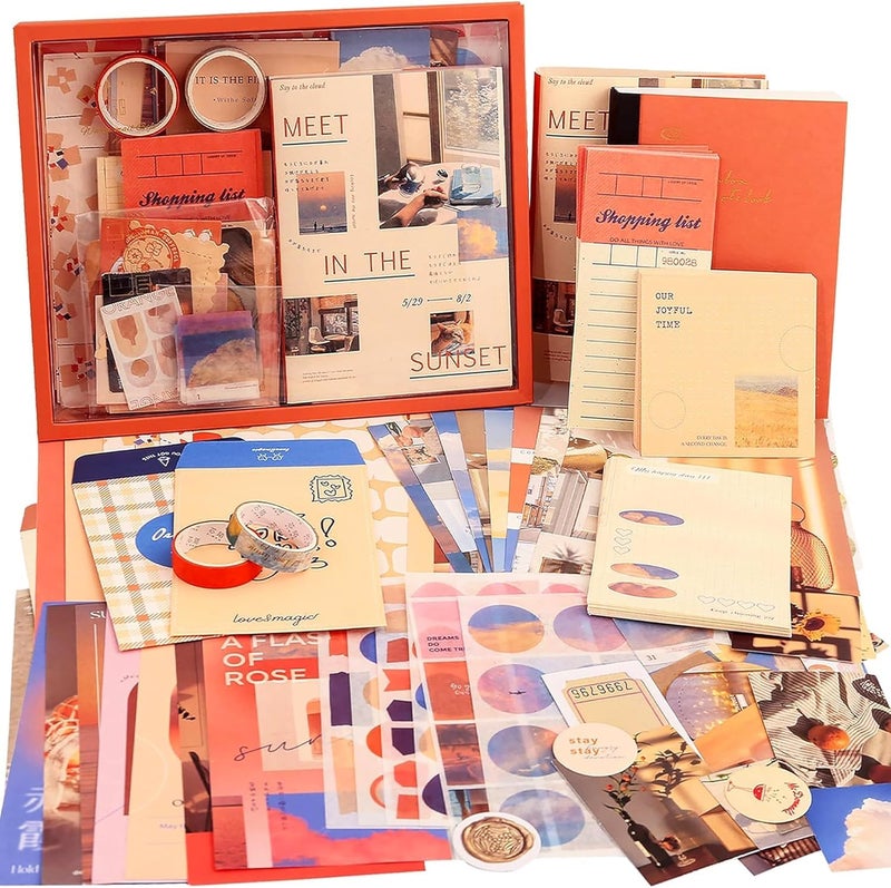 Rahasya Enterprise 348 Pieces Journal kit Journaling kit Vintage Scrapbook Kit Aesthetic journal diary kit A6 Grid jurnal book kit Scrapbooking Journal Supplies Birthday Gift for Teen Girls SunsetOrange