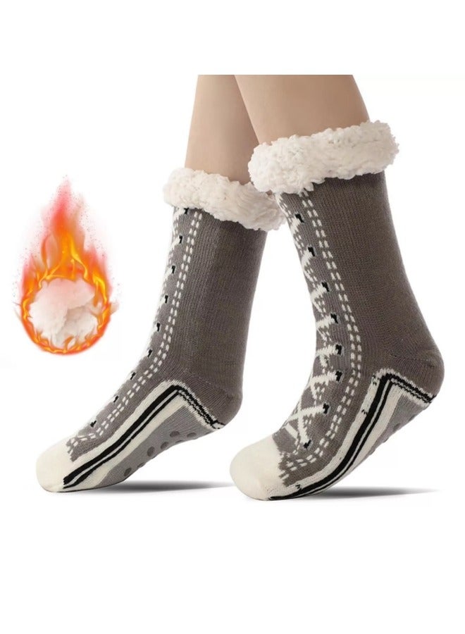 GGEROU Ultra Thick Socks, Non Slip Fluffy Warm Winter Slipper Socks, Slipper Socks with Grips Grey One Size - Image 1