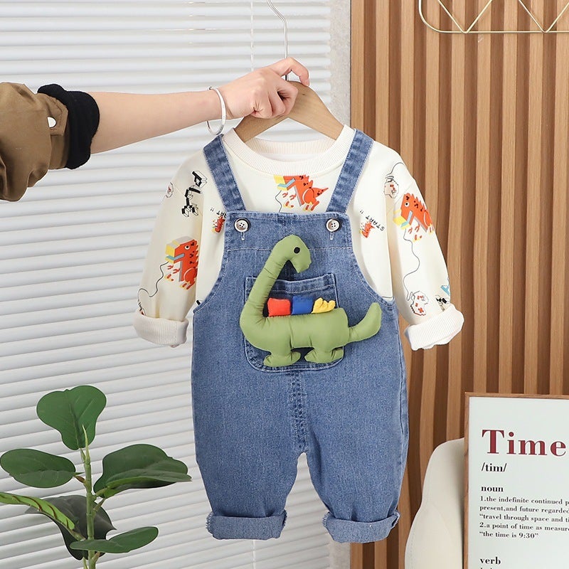 Childrens handsome Denim suspender pants suit one-piece delivery 2024 spring new childrens casual bottoming shirt childrens clothing Orange Red 