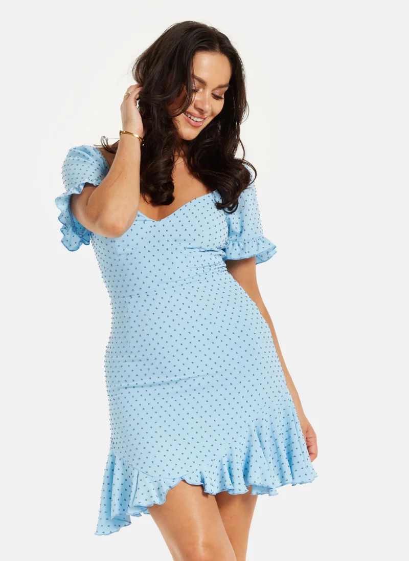 Liquorish Woven Polka Dot Frill Detail Dress Blue
