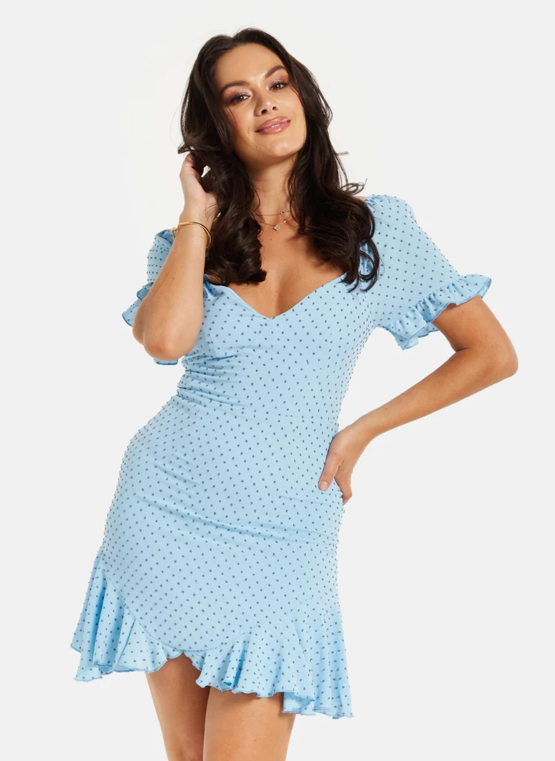 Liquorish Woven Polka Dot Frill Detail Dress Blue