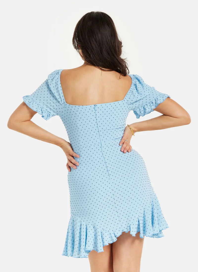 Liquorish Woven Polka Dot Frill Detail Dress Blue