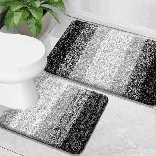 OLANLY Bathroom Rug Set 2 Piece Soft Absorbent Microfiber Bath Mats and UShaped Contour Toilet Rug NonSlip Machine Wash Dry Plush Shaggy Bath Mats for Bathroom 24x1624x20 Black
