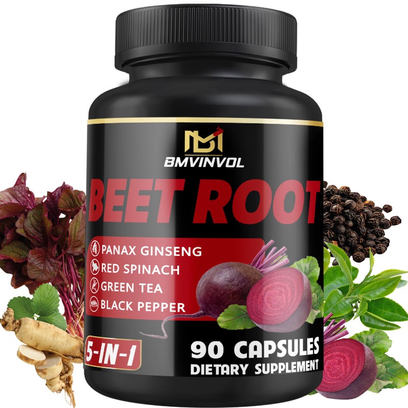 Beet Root Capsules Green Tea Red Spinach Ginseng Black Pepper 90 Count Supports Digestive Immune System Energy Levels 3 Month Supply