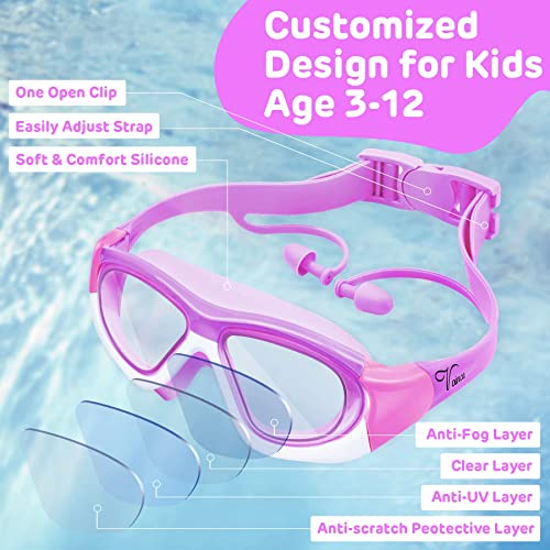 Vvinca Kids Swim Goggles, Wide Vision Anti-Fog Swimming Goggles, Soft Silicone Seal Water Pool Goggles, No Leak UV Protection Swimming Glasses for Kids Youth Teens Age 3-12, Purple - Image 2