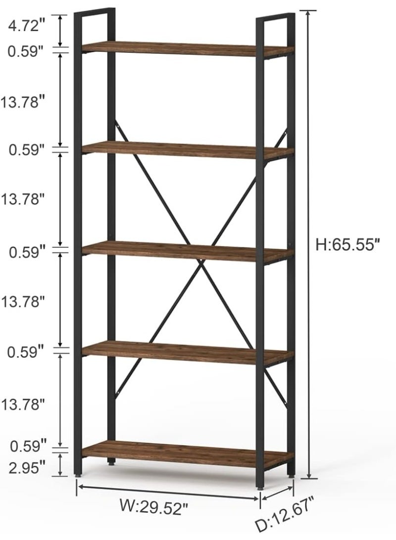 Industrial 5-Tier Bookshelf, Rustic Wood & Metal Shelving Unit, Heavy Duty Etagere Bookcase, Open Storage Display Rack for Living Room Bedroom Office, Modern Industrial Furniture Organizer (Rustic Oak) - Image 2
