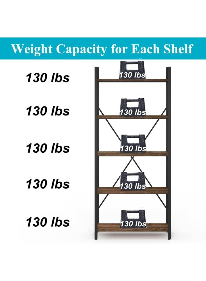 Industrial 5-Tier Bookshelf, Rustic Wood & Metal Shelving Unit, Heavy Duty Etagere Bookcase, Open Storage Display Rack for Living Room Bedroom Office, Modern Industrial Furniture Organizer (Rustic Oak) - Image 4