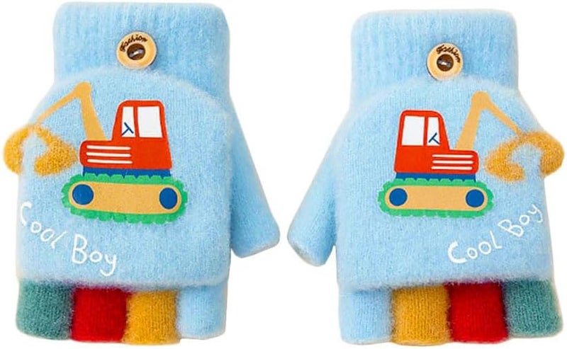 Newfancy Kids Boys Girls Dinosaur Flip Top Gloves with Mitten Cover Knitted Winter Fingerless Toddler Convertible Mittens - Image 1