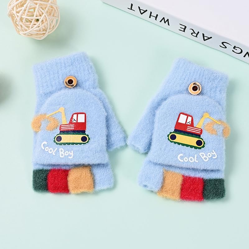Newfancy Kids Boys Girls Dinosaur Flip Top Gloves with Mitten Cover Knitted Winter Fingerless Toddler Convertible Mittens - Image 3