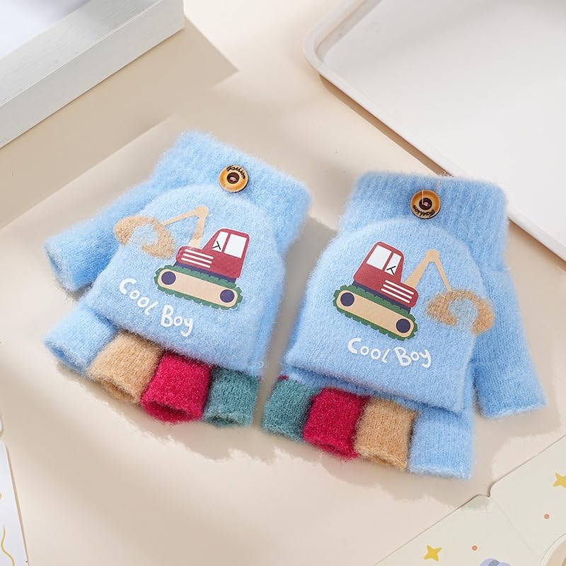 Newfancy Kids Boys Girls Dinosaur Flip Top Gloves with Mitten Cover Knitted Winter Fingerless Toddler Convertible Mittens - Image 2