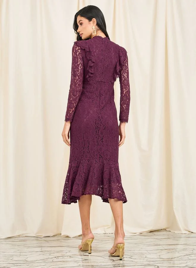 Styli All  Over Lace Ruffle Hem Midi Dress