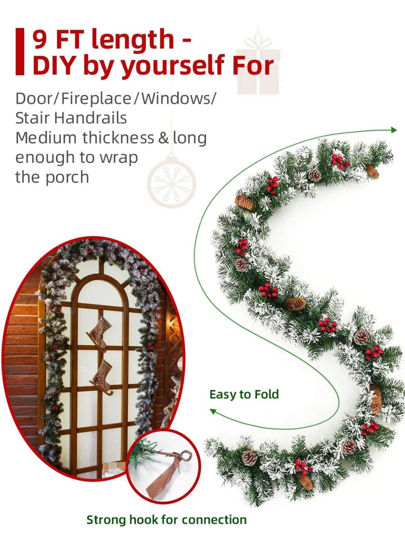 AUTOYSUR أكاليل الكريسماس 270 سم، شجرة كريسماس صناعية Xmax tree 8.85ft إكليل الكريسماس في الهواء الطلق إكليل عيد الميلاد إكليل الصنوبر مع التوت الأحمر مخاريط الصنوبر الثلجية - ديكور عطلة أخضر غير مضاء - Image 3