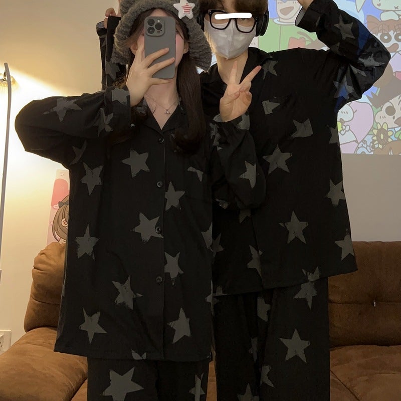 Internet Celebrity Striped Couple Pajamas Men And Women Plus Size Long-Sleeved Trousers Cardigan Cotton-Like Korean Style Home Wear Suit - Image 1