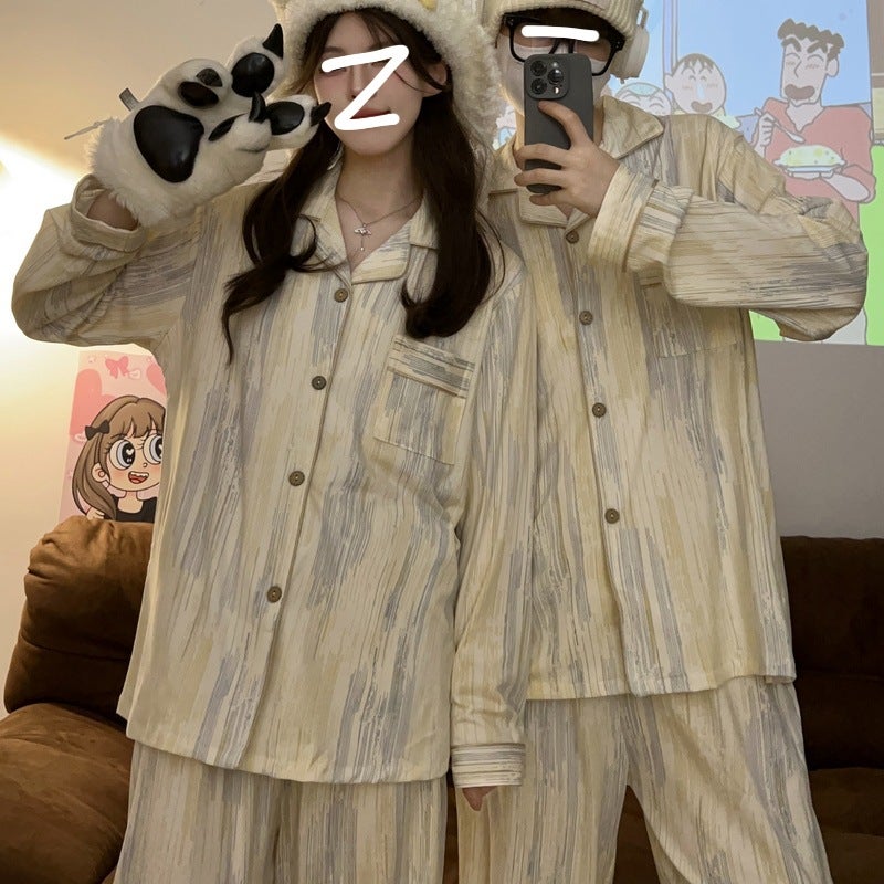 Internet Celebrity Striped Couple Pajamas Men And Women Plus Size Long-Sleeved Trousers Cardigan Cotton-Like Korean Style Home Wear Suit - Image 5