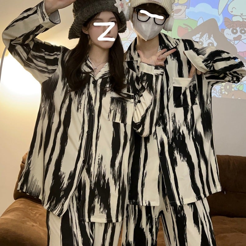 Internet Celebrity Striped Couple Pajamas Men And Women Plus Size Long-Sleeved Trousers Cardigan Cotton-Like Korean Style Home Wear Suit - Image 4