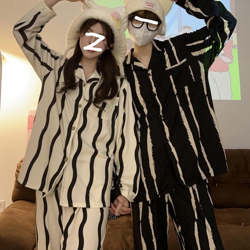 Internet Celebrity Striped Couple Pajamas Men And Women Plus Size Long-Sleeved Trousers Cardigan Cotton-Like Korean Style Home Wear Suit - Image 2