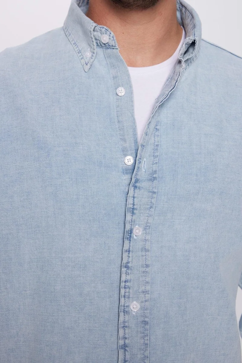 تودورس Men's Relax Fit Casual Cut 100% Cotton Denim Blue Button-down Collar Shirt