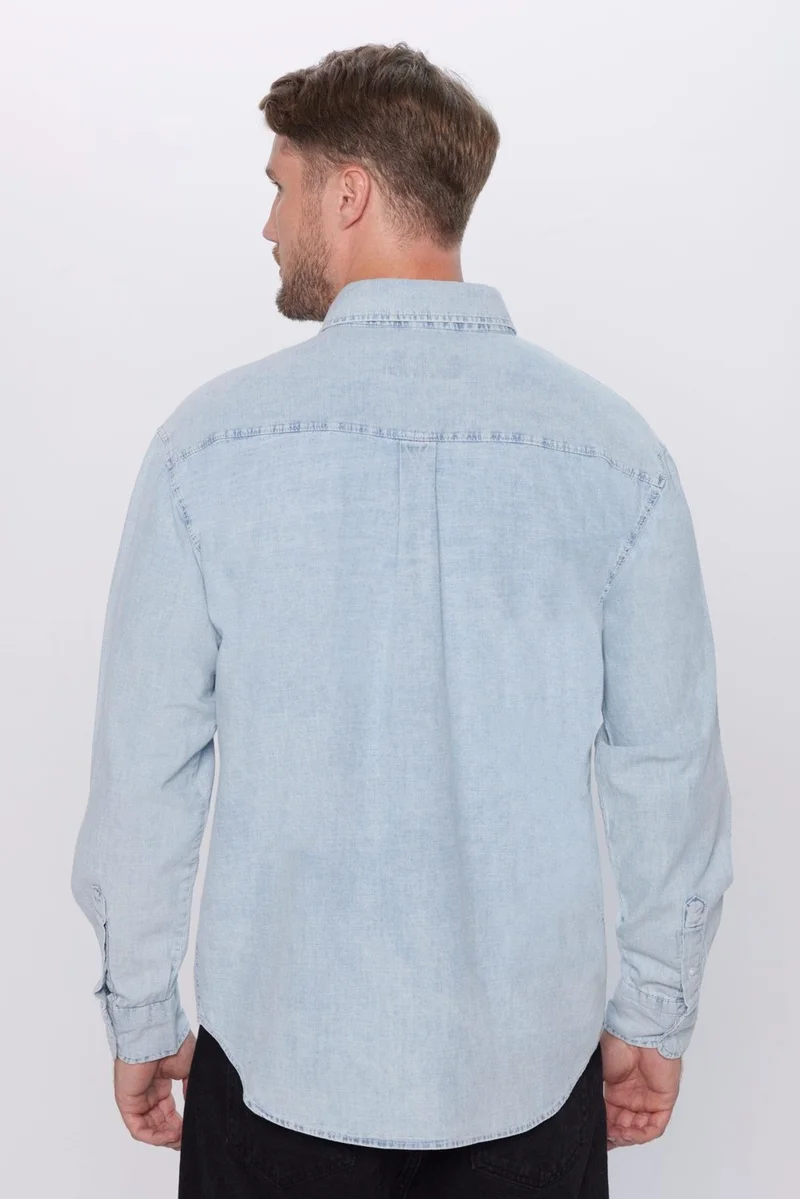 تودورس Men's Relax Fit Casual Cut 100% Cotton Denim Blue Button-down Collar Shirt