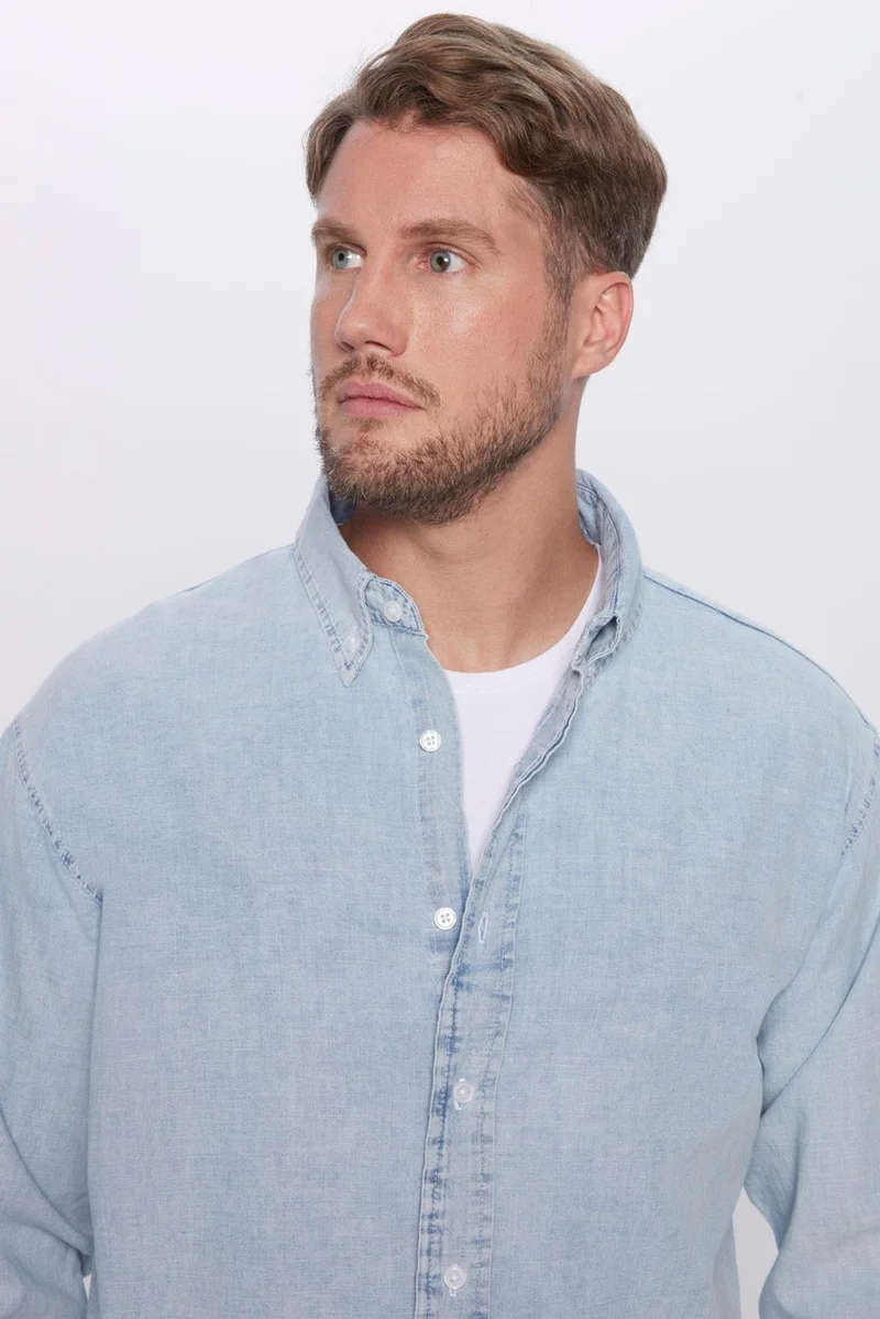 تودورس Men's Relax Fit Casual Cut 100% Cotton Denim Blue Button-down Collar Shirt